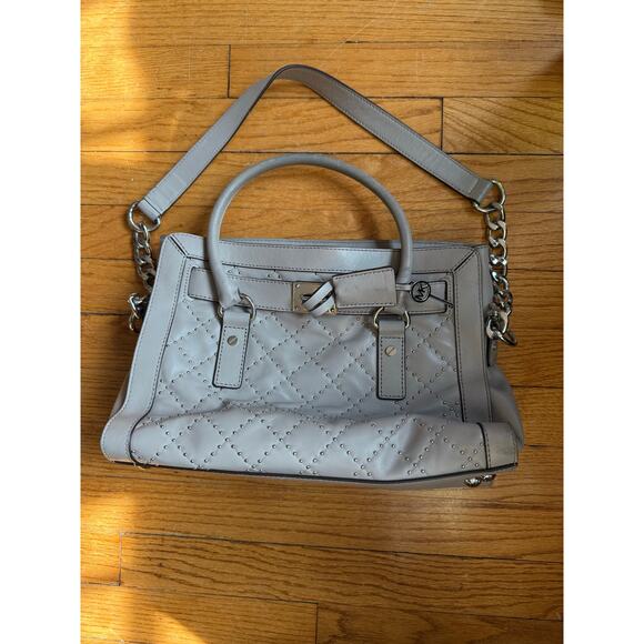 Michael Kors Microstud Hamilton Peal Grey Quilted EW Satchel Leather Bag - Picture 1 of 4